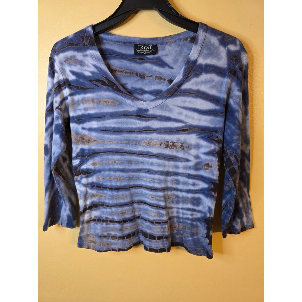 Tryst by Mathew Blue Brown Tie Dye V-Neck 3/4 Sleeve Cotton Top Petite Large PL